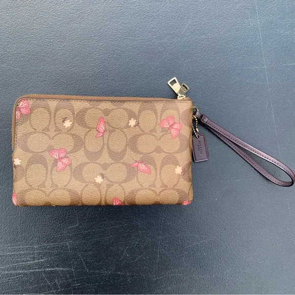 Coach Bags Coach Double Zip Wallet In Signature Canvas With Butterfly Print Wristlet Brown Poshmark